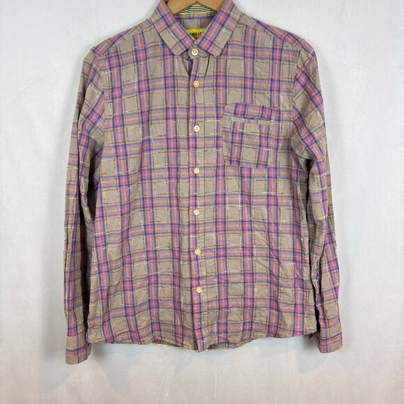 Descendant of Thieves Men's Pink Brown Unique‎ Raised Plaid Button Up shirt SZ M - Picture 1 of 15